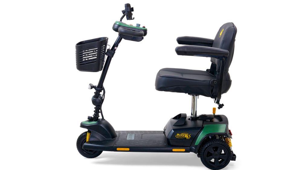 The BuzzAround XLS-HD 3-Wheel Scooter, featuring a padded seat, armrests, front basket, and control panel, is displayed from a side view against a white background.