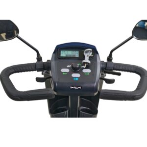 Close-up of the Companion 4-Wheel Scooter’s control panel, featuring handlebars, a display screen, key ignition, buttons, and rearview mirrors.
