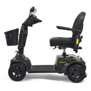 Side view of a black Companion 4-Wheel Scooter, showcasing a front basket, armrests, and padded seat.