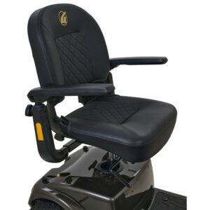 A black leather seat with diamond stitching, armrests, and a yellow logo on the headrest, designed for the Companion 4-Wheel Scooter. It features a sturdy dark base for secure mounting.