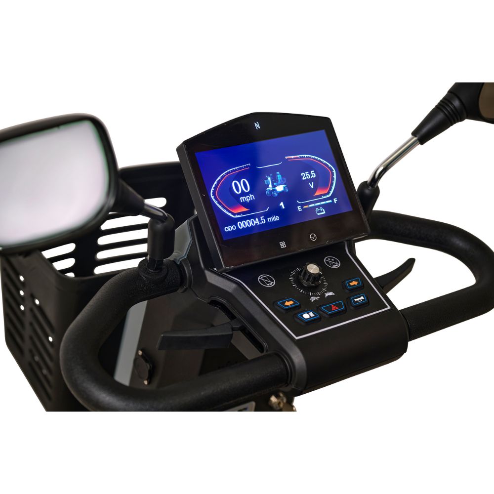 Close-up of the Eagle All-Terrain Scooter dashboard, featuring a digital display with speed, mileage, and battery indicators, as well as control buttons and side mirrors.