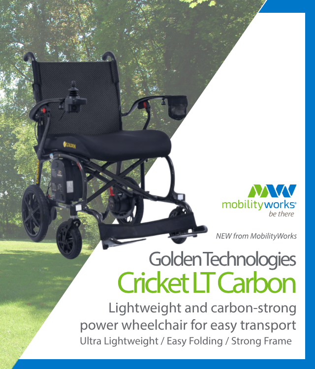A lightweight, black power wheelchair displayed on grass with MobilityWorks branding and text highlighting its carbon frame, easy folding, and transport features.