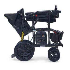 A side view of the Golden Cricket LT Side-Folding Carbon Fiber Power Wheelchair shows it folded, featuring a black frame and visible battery, labeled "Cricket LT" and "EverTran.