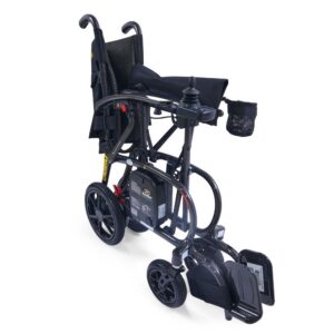 The Golden Cricket LT Side-Folding Carbon Fiber Power Wheelchair, shown from a rear three-quarter angle, features a compact black frame, foldable design, footrests, padded armrests, storage pouch, and cup holder.