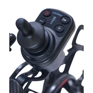Close-up of a black electronic joystick controller with buttons and indicator lights, mounted on the Golden Cricket LT Side-Folding Carbon Fiber Power Wheelchair’s metallic frame.