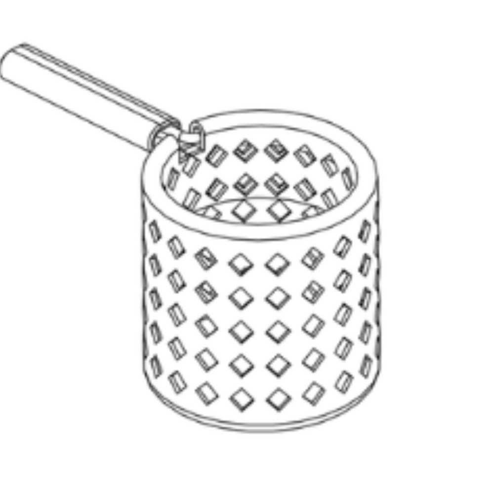 Line drawing of a Pride Jazzy Carbon 27/HD Cup Holder, featuring a cylindrical design with a handle and diamond-shaped holes on the sides.