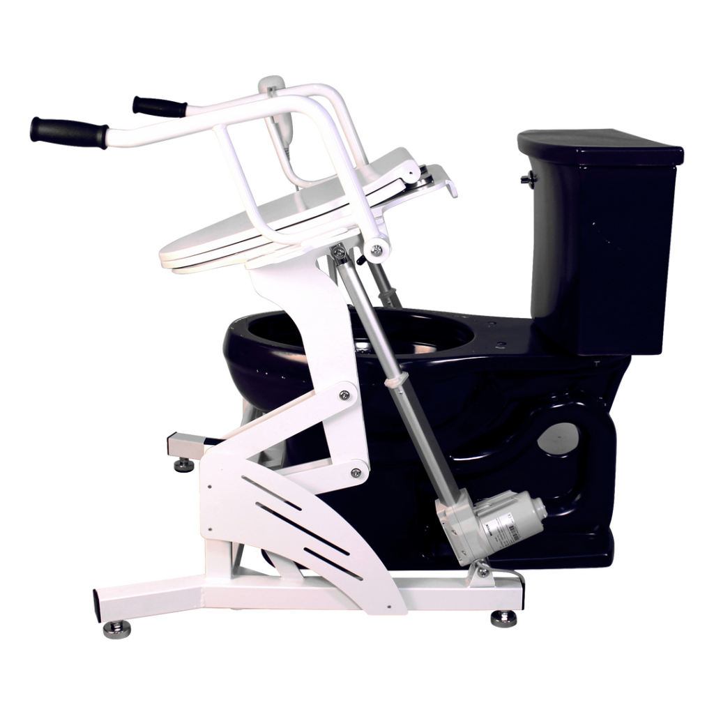 A mechanical toilet lift with a white hydraulic frame and handlebars, positioned over a black toilet, designed to assist users in sitting and standing.