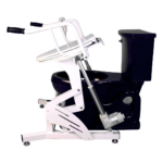 A mechanical toilet lift with a white hydraulic frame and handlebars, positioned over a black toilet, designed to assist users in sitting and standing.