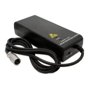 The Battery Charger for Baja Raptor 2 (8A) is black, features a cooling vent, power switch, and attached cable with a metal connector, shown on a white background.