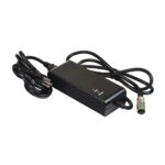 Battery Charger for Pride Mobility Scooters (24V / 2AH) featuring a black power adapter, attached power cord, and round metal connector, shown on a white background.
