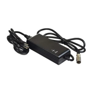 Battery Charger for Pride Mobility Scooters (24V / 2AH) featuring a black power adapter, attached power cord, and round metal connector, shown on a white background.