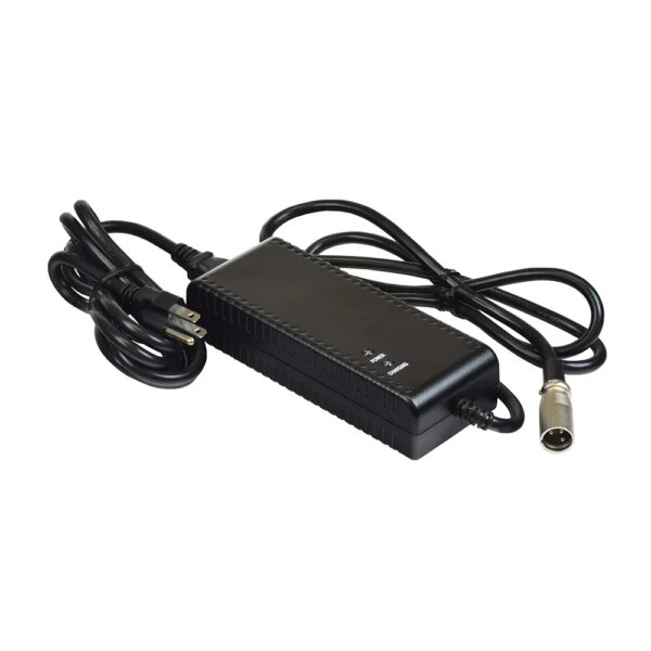 Battery Charger for Pride Mobility Scooters (24V / 2AH) featuring a black power adapter, attached power cord, and round metal connector, shown on a white background.