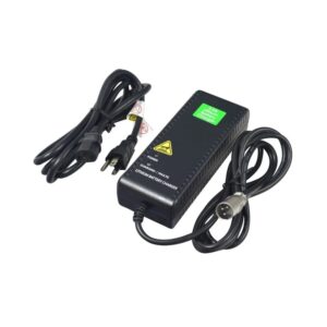 The 3.5 AMP Pride Mobility Lithium Battery Charger in black includes an attached power cord and a separate two-prong plug cable, both shown on a white background.