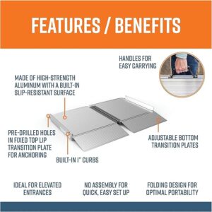 The SUITCASE Singlefold Portable Aluminum Wheelchair Ramp (OPEN BOX) features a slip-resistant surface, built-in curbs, pre-drilled holes, adjustable plates, carrying handles, and a folding no-assembly design for portable elevated access.