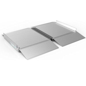 The SUITCASE Singlefold Portable Aluminum Wheelchair Ramp (OPEN BOX) features a ridged surface and side guard, providing accessible passage over steps or raised landings.