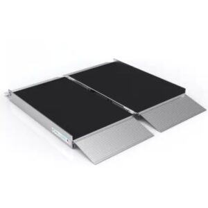 The SUITCASE Singlefold AS Portable Aluminum Wheelchair Ramp (OPEN BOX) features a non-slip black surface, raised side edges, and lightweight aluminum construction, shown here fully extended for easy wheelchair access.