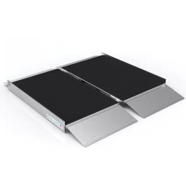 The SUITCASE Singlefold AS Portable Aluminum Wheelchair Ramp (OPEN BOX) features a non-slip black surface, raised side edges, and lightweight aluminum construction, shown here fully extended for easy wheelchair access.