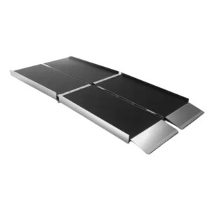 The SUITCASE Trifold AS Portable Aluminum Wheelchair Ramp features four folding panels, a black non-slip surface, and silver edges, shown fully extended on a white background.