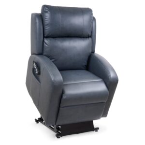 The EZ Sleeper Slim with Twilight Lift Chair is a black leather recliner featuring padded armrests, an elevated seat, and a right-side control panel for power lift and recline functions.