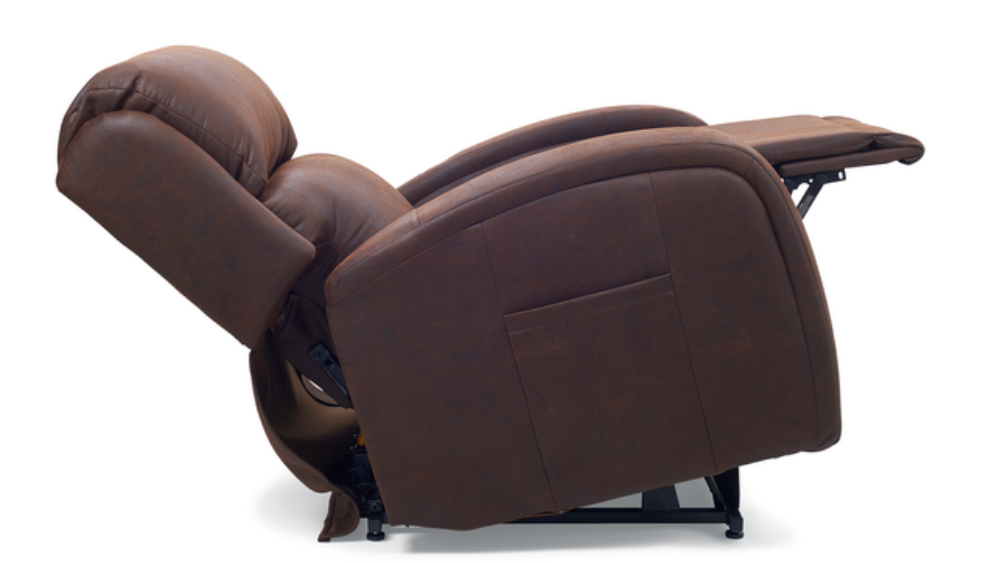 The EZ Sleeper Slim recliner chair, shown in brown leather and fully extended in the reclining position, is displayed against a white background.