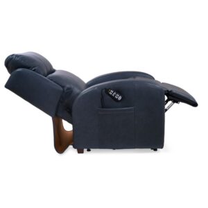 The EZ Sleeper Slim is a black recliner chair shown fully reclined, with a side pocket holding a remote control.