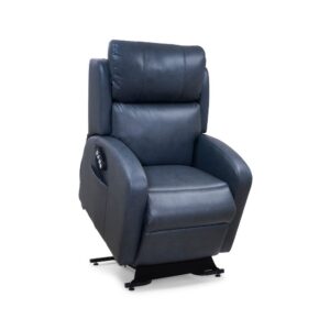 The EZ Sleeper Slim is a dark blue leather recliner with padded armrests, high backrest, side control panel, and sits on a black metal base.