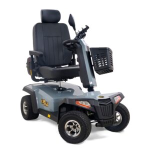 The Eagle All-Terrain Scooter features four wheels, a high-back seat, armrests, handlebars, and a front storage basket.