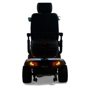 Rear view of the Eagle All-Terrain Scooter in black, featuring a headrest, armrests, large wheels, and illuminated rear lights.