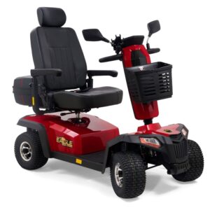 The Eagle All-Terrain Scooter is a red four-wheel mobility scooter featuring a black cushioned seat with armrests, headrest, front basket, and side mirrors—ideal for personal transportation.