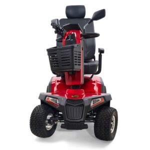 The Eagle All-Terrain Scooter, shown from the front, features a red frame, black seat, front basket, side mirrors, and large treaded wheels.