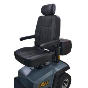 The Eagle All-Terrain Scooter features a black seat with adjustable armrests and headrest, large wheels for rough terrain, a gray base, and a convenient rear storage box.