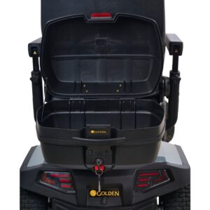 A rear view of the Eagle All-Terrain Scooter featuring an open, empty black storage compartment attached to the back.
