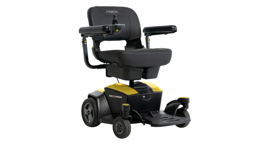 A black and yellow Go Chair Power Wheelchair with armrests, a padded seat, four wheels, and a footrest.