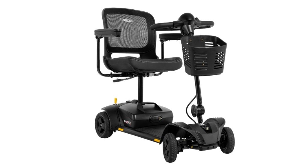 A black Go Go™ Elite Traveller® 2 4-Wheel Scooter featuring a mesh seat with armrests, a front basket, and the Pride brand name displayed on the seat backrest.