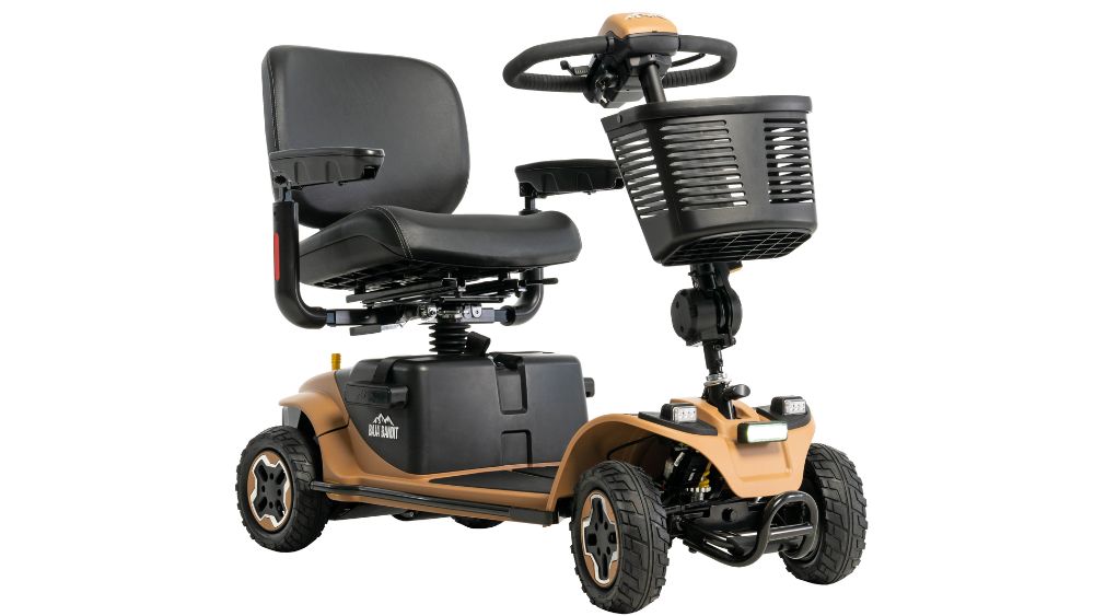 The Baja™ Bandit 4-Wheel Scooter is an electric mobility scooter with a padded seat, armrests, steering handles, and a front basket, shown on a white background.