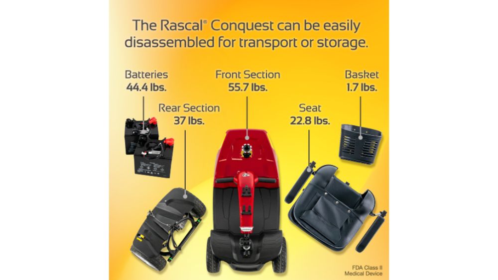 Diagram of the Conquest 4-Wheel Scooter with labeled detachable parts: batteries (44.4 lbs), rear section (37 lbs), front section (55.7 lbs), seat (22.8 lbs), and basket (1.7 lbs).