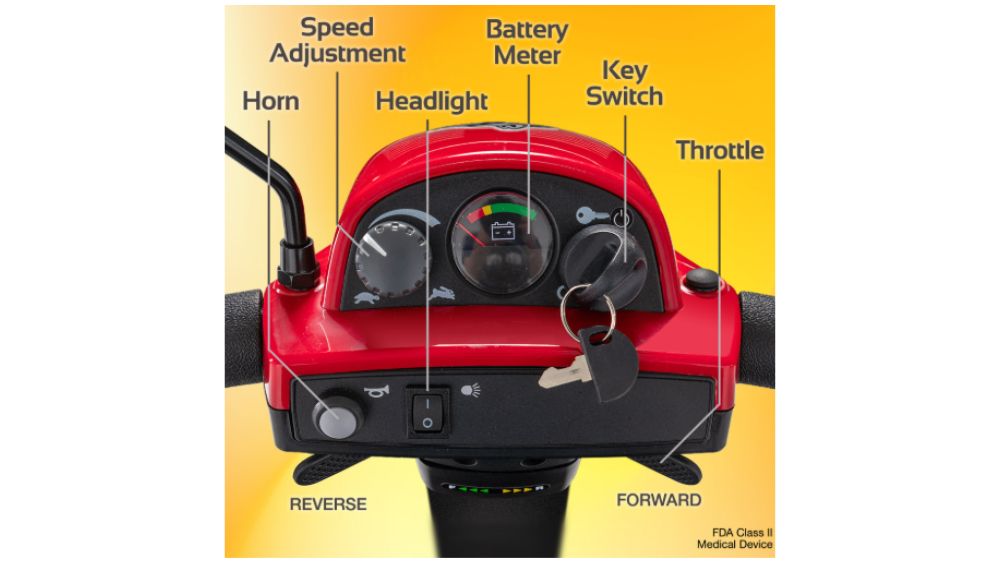 Close-up of the Conquest 3-Wheel Scooter’s control panel, showing labeled features including the horn, speed adjustment, headlight, battery meter, key switch, throttle, and controls for reverse and forward.