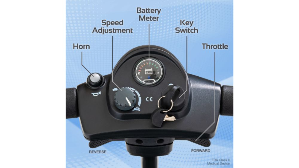 Close-up of the Venture 4-Wheel Scooter control panel featuring clearly labeled horn, speed adjustment, battery meter, key switch, throttle controls, and directional indicators for reverse and forward.