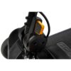 Close-up of a black and orange locking mechanism on an electric scooter stem, echoing the sleek design of high-end devices like the Go Go Elite Traveller® 2 Platinum 4-Wheel Scooter, featuring a textured footboard and visible wheel.