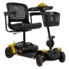A yellow and black mobility scooter with a mesh backrest, four wheels, adjustable seat, and a front basket.