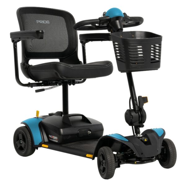 A compact, blue and black mobility scooter with a mesh back chair, four wheels, handlebars, and a front basket.