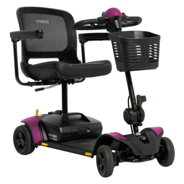 A black and purple mobility scooter with a mesh-backed seat, armrests, and a small front basket.