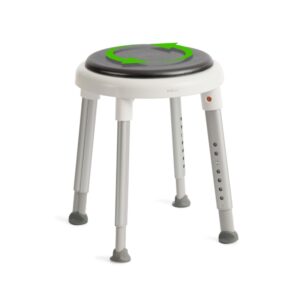 The Etac Easy Shower Stool is a white and gray four-legged stool with a round, rotating seat, indicated by green circular arrows.