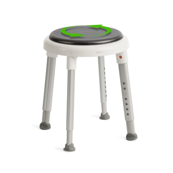 The Etac Easy Shower Stool is a white and gray four-legged stool with a round, rotating seat, indicated by green circular arrows.