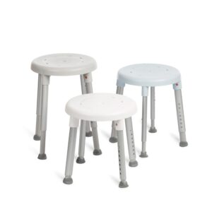 Three Etac Easy Shower Stools in white and light blue, featuring round plastic seats, adjustable metal legs, and rubber feet, are displayed on a white background.
