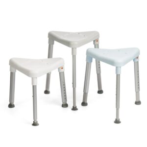 Three Etac Edge Shower Stools, each with grey metal legs and rubber tips, are arranged side by side on a white background.