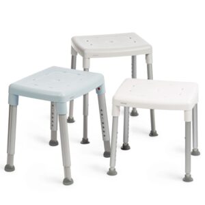 Three Etac Smart Shower Stools with square seats in white and light blue, each featuring an adjustable height, four metal legs, and non-slip rubber feet.