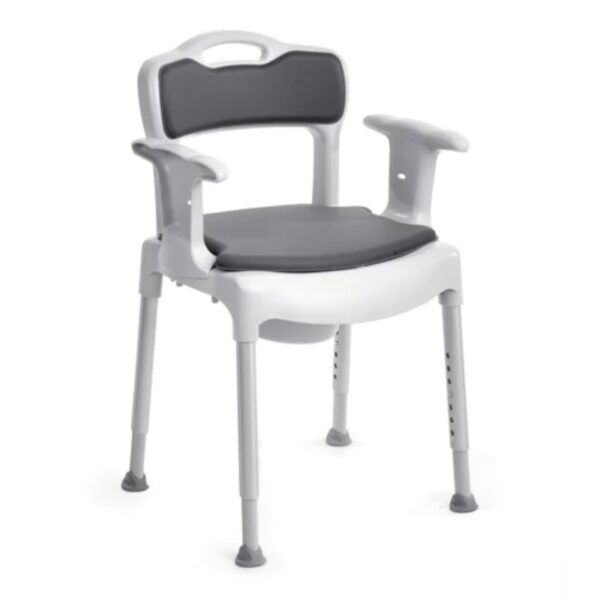 Adjustable white shower chair with gray padded seat and backrest, armrests, and four sturdy legs with rubber feet.