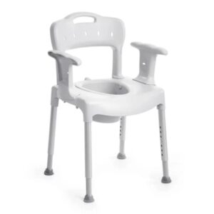 White adjustable shower commode chair with armrests and a backrest, designed for mobility assistance and bathroom use.