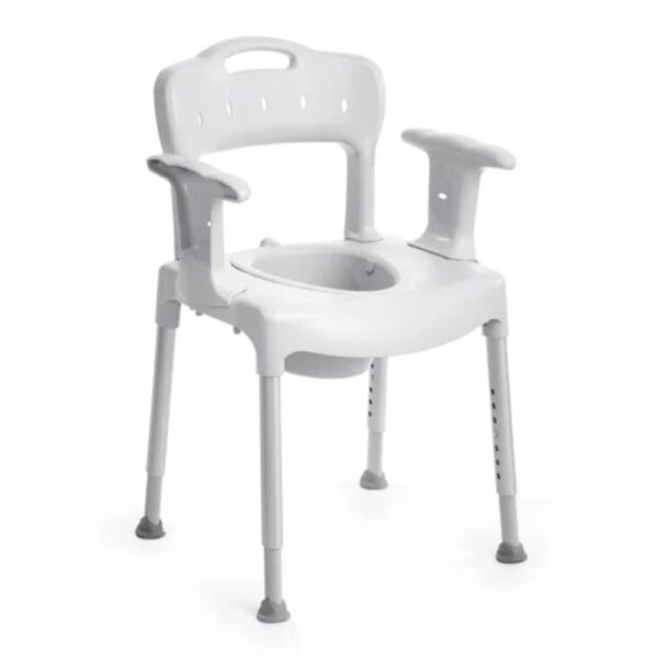 White adjustable shower commode chair with armrests and a backrest, designed for mobility assistance and bathroom use.